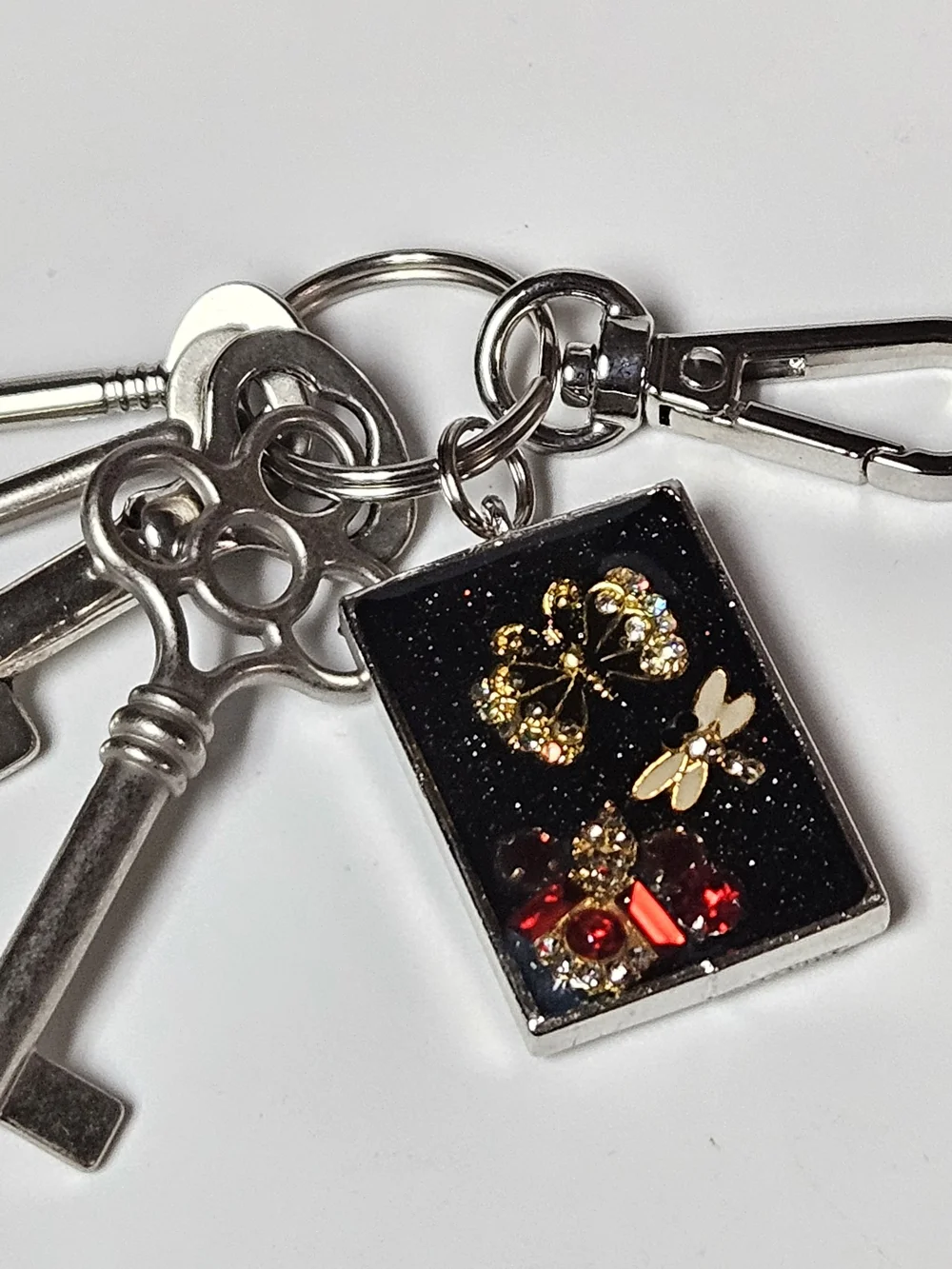 Black Glitter Butterfly & Dragonfly Keychain Charm Crystal Accents